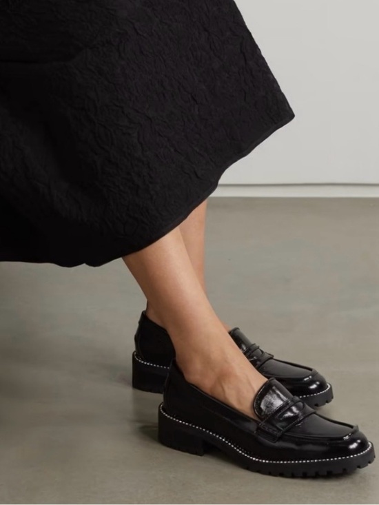 Jimmy Choo Black Patent Leather Penny Loafers with Crystal Trim
